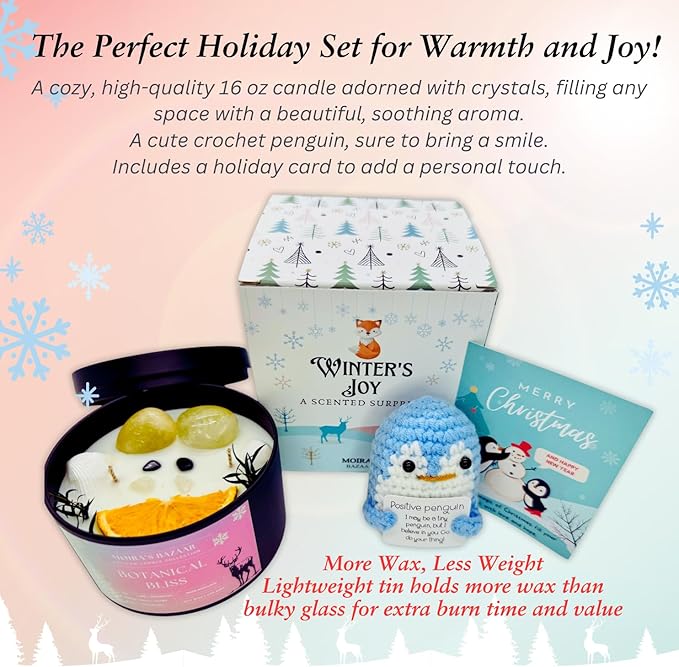 Moira's Bazaar Winter's Joy Gift Set – 16 Oz 50 Hr Scented Candle with Crystals & a Crochet Positive Penguin | Christmas, Holiday, or Motivational Gift, Artisanal Luxury Fragrances (Botanical Bliss)