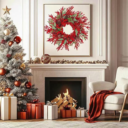 20 inch red Berry Christmas Wreath for Front Door，Used for Wall, Window, Porch, Farmhouse, Indoor and Outdoor Home Decoration