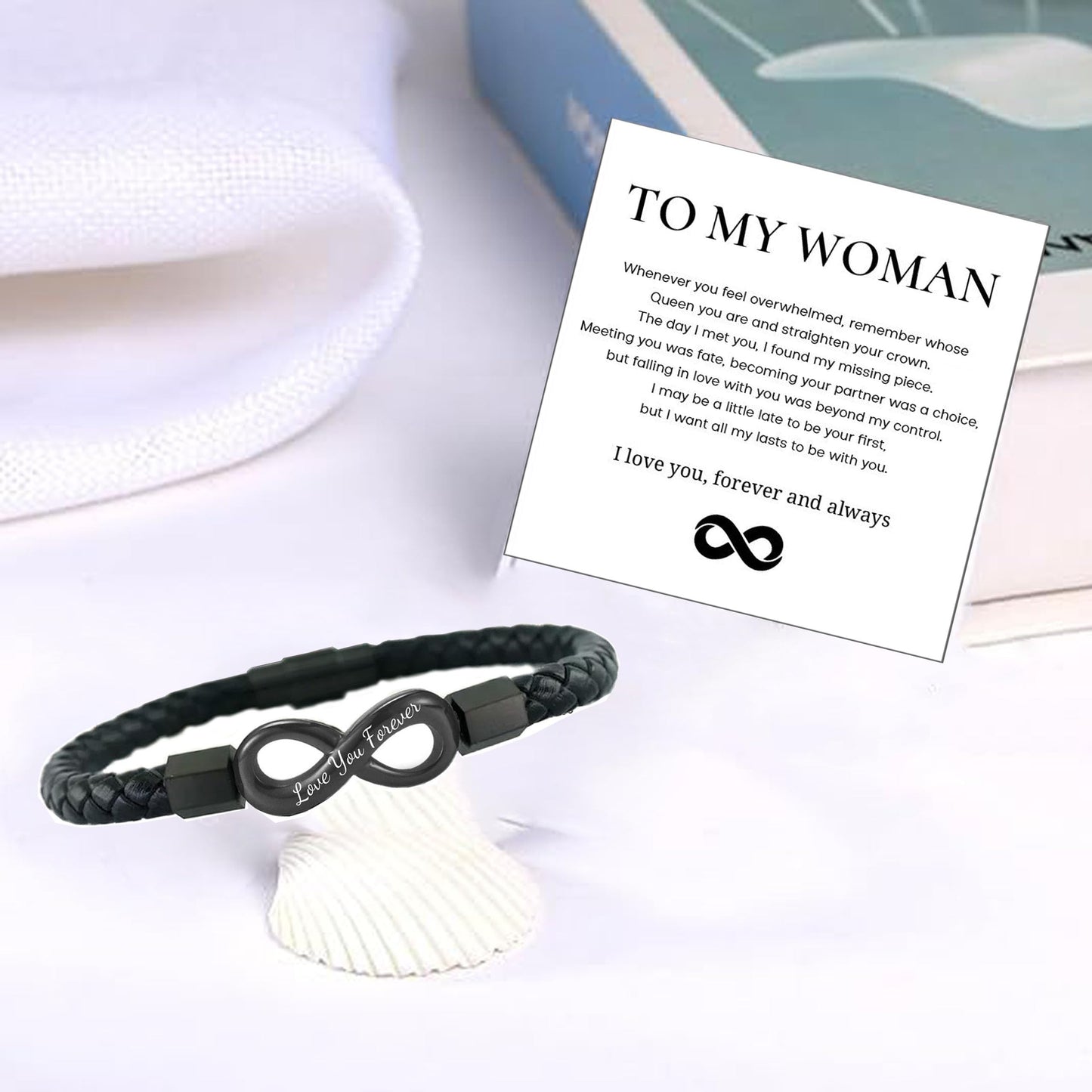 To My Wife, Feel My Love Infinity Leather Bracelet Love You Forever and Always Stainless Steel Bracelets Wife Bracelet from Husband Valentine Birthday Christmas Mother's Day Jewelry for Her(Infinite Black)