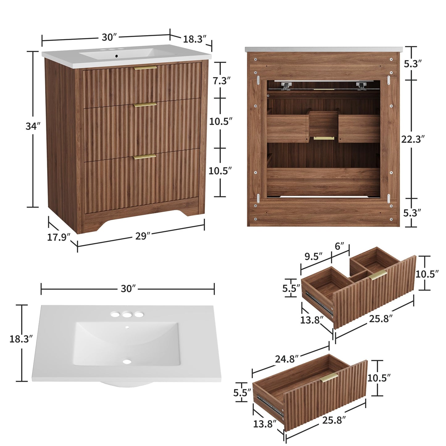 IDEALHOUSE 30" Walnut Fluted Bathroom Vanity with Sink, Farmhouse Freestanding Bathroom Sink Cabinet with 2 Drawers & 1 Flip-Down Drawer, Easy Assembly & Cleaning