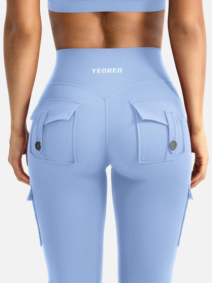 YEOREO CoreFlex Women Workout Flare Leggings with Pockets Scrunch Cargo Gym Yoga Leggings Light Blue M