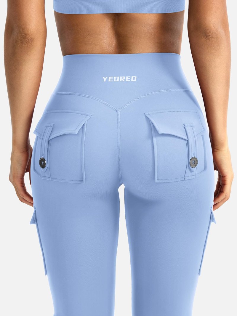 YEOREO CoreFlex Women Workout Flare Leggings with Pockets Hidden Scrunch High Waisted Cargo Gym Yoga No Front Seam Leggings Light Blue XL