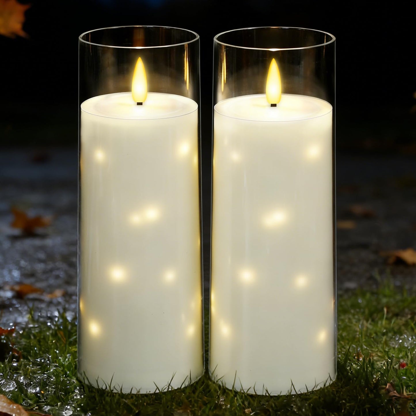 kakoya Large Solar Flameless Candles Outdoor Waterproof 11" x 4",2Pcs LED Pillar Candles Included Rechargeable Solar Battery with Embedded Star String for Outdoor Porch,Patio Decor(White)
