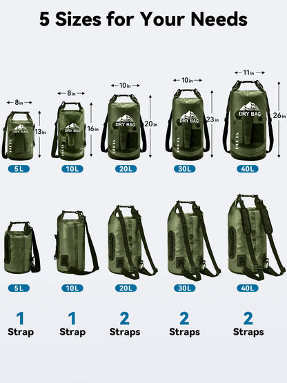 HEETA Dry Bag Waterproof for Women Men, Roll Top Lightweight Dry Storage Bag Backpack with Phone Case for Travel Swimming Boating Kayaking Paddle Board Camping Beach Accessories (Pitch Green, 30L)