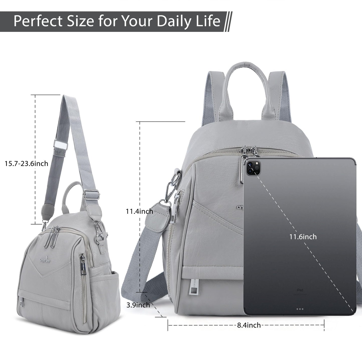 Angel Kiss Small Backpack Purse for Women,Soft Vegan Leather Roomy Backpacks,Designer Ladies Shoulder Backpack Fashion Handbag with Removable Strap,Grey