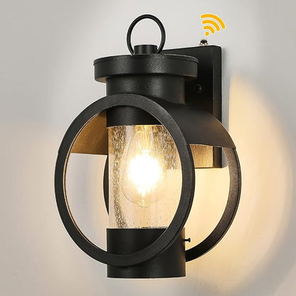 Dusk to Dawn Sensor Industrial Outdoor Wall Sconce Modern Exterior Wall Mounted Light Fixture Waterproof Outdoor Wall Lantern, Matte Black Outside Wall Lamp with Seeded Glass for House, Porch, Garage