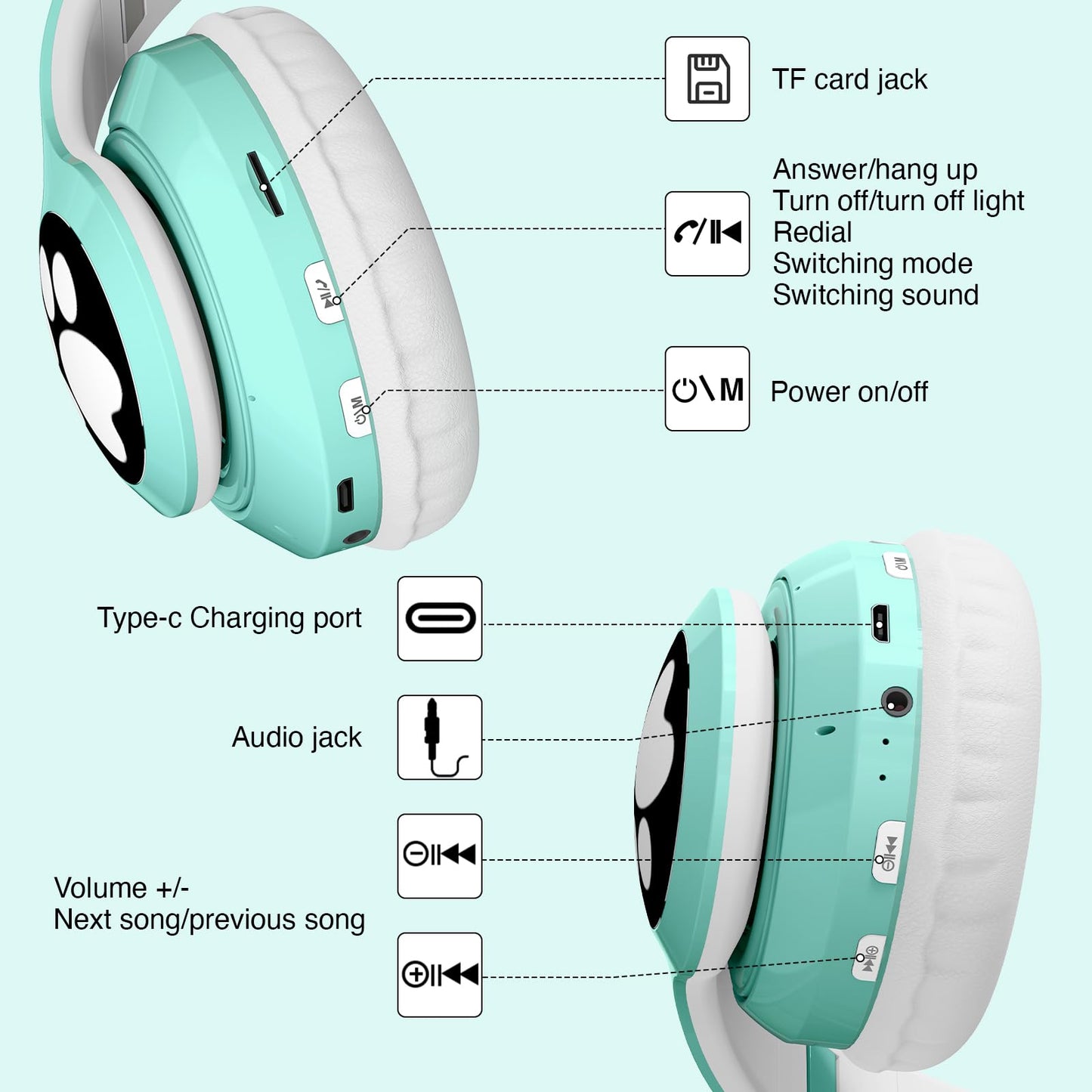 KERHAND Bluetooth Headphones for Kids, Cute Ear Cat Ear LED Light Up Foldable Headphones Stereo Over Ear with Microphone/TF Card Wireless Headphone for iPhone/iPad/Smartphone/Laptop/PC/TV (Green)
