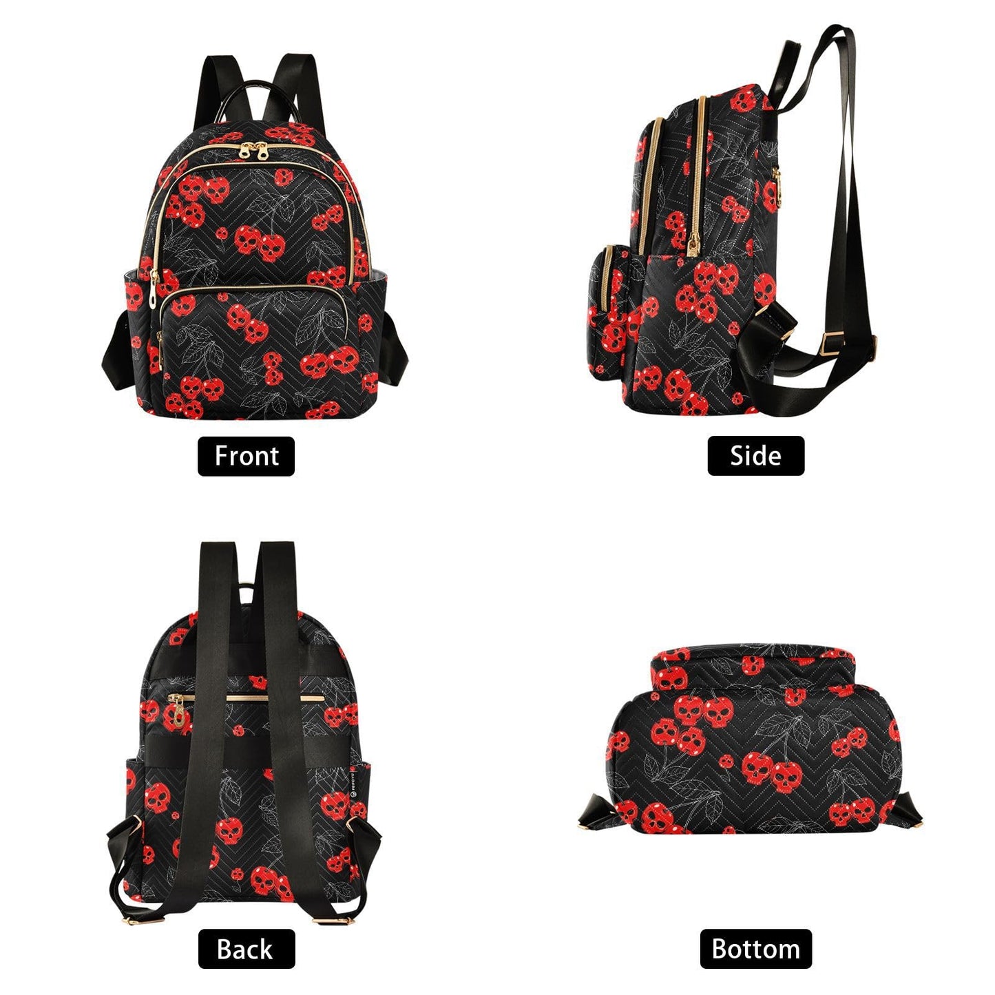 Mozuya Cherry Skull Backpack Purse for Women Girls Black Anti-theft Mini Fashion Travel Backpack with Zipper for College Travel S