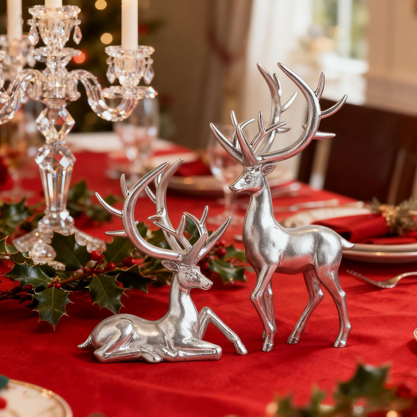 Zensounding 2PCS Christmas Reindeer Resin Sculptures Deer Ornaments Reindeer Statues Light Luxury Casual Shape Suitable for Indoor or Outdoor Country Style Christmas Home Decoration (Silver)