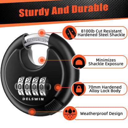 DELSWIN 4-Digit Disc Combination Lock Outdoor - Heavy Duty Combination Padlocks with Hardened Steel Shackle Weatherproof Combo Locks for Gates,Sheds,Fence,Storage Unit (3/8" Shackle, Black,2 Pcs)