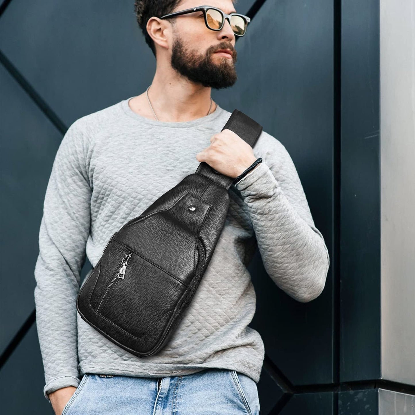 Polare Cowhide Leather Waterproof Casual Daypack Anti Theft Sling Shoulder Chest Crossbody Bag For Men (Black-Small)