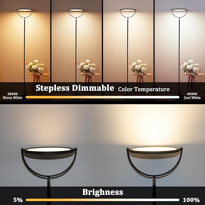 Floor Lamps for Living Room,Bright Tall Lamp, 300° Flexible Head Modern Torchiere Standing Lamp with Remote & Touch, 3000K-6000K Dimmable LED Lights for Bedroom, Office (Black)