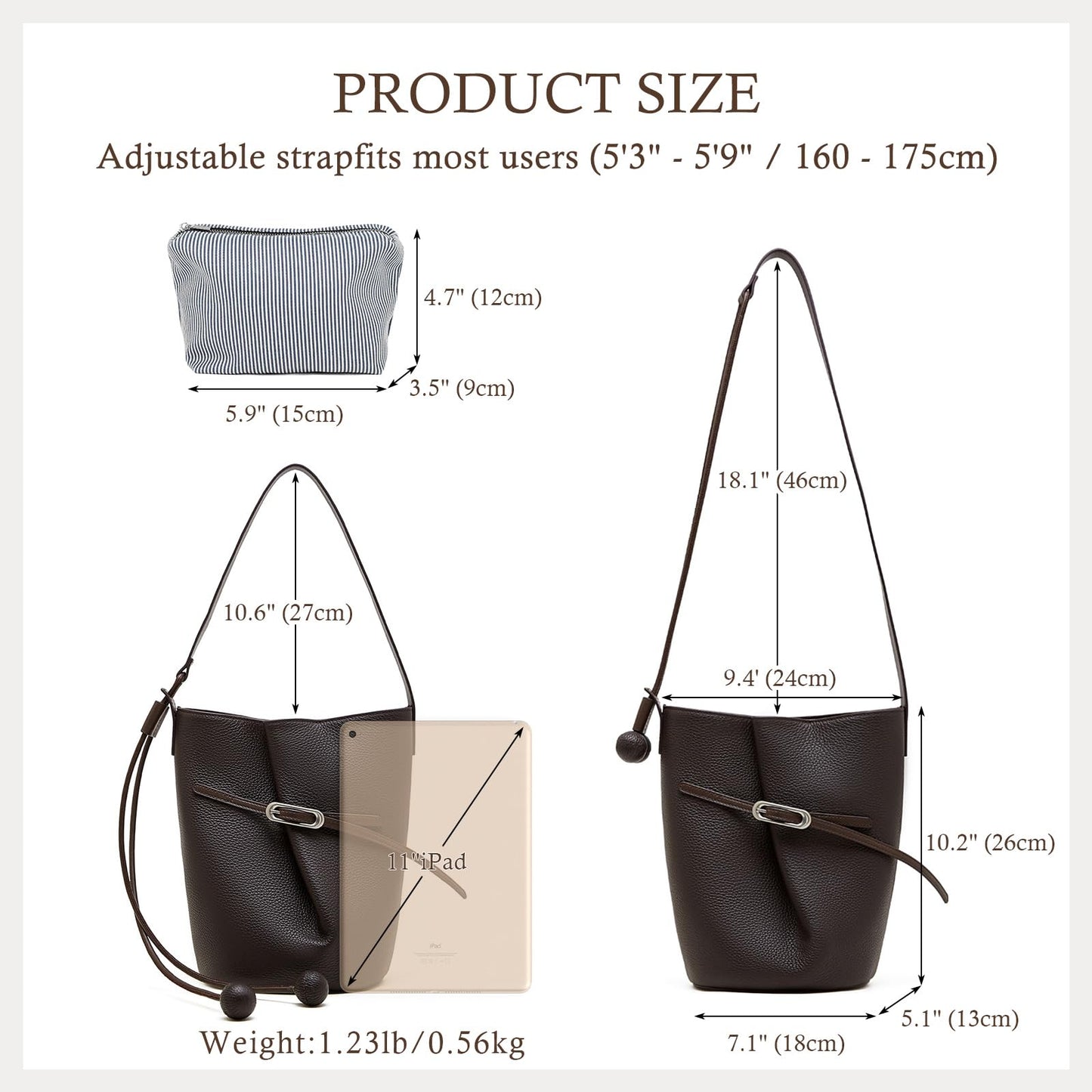 MoreFarther Genuine Leather Bucket Bag for Women, Adjustable Shoulder Bag for Work, Travel, Everyday Use (Black)