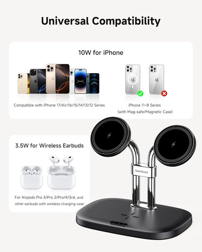 SwanScout Wireless Charger for iPhone Air/17, SwanScout 706M, Dual Magnetic Charger for iPhone 16/15/14/13/12 Series, Charging Station for AirPods Pro 3/2, AirPods 4/3rd (Black)