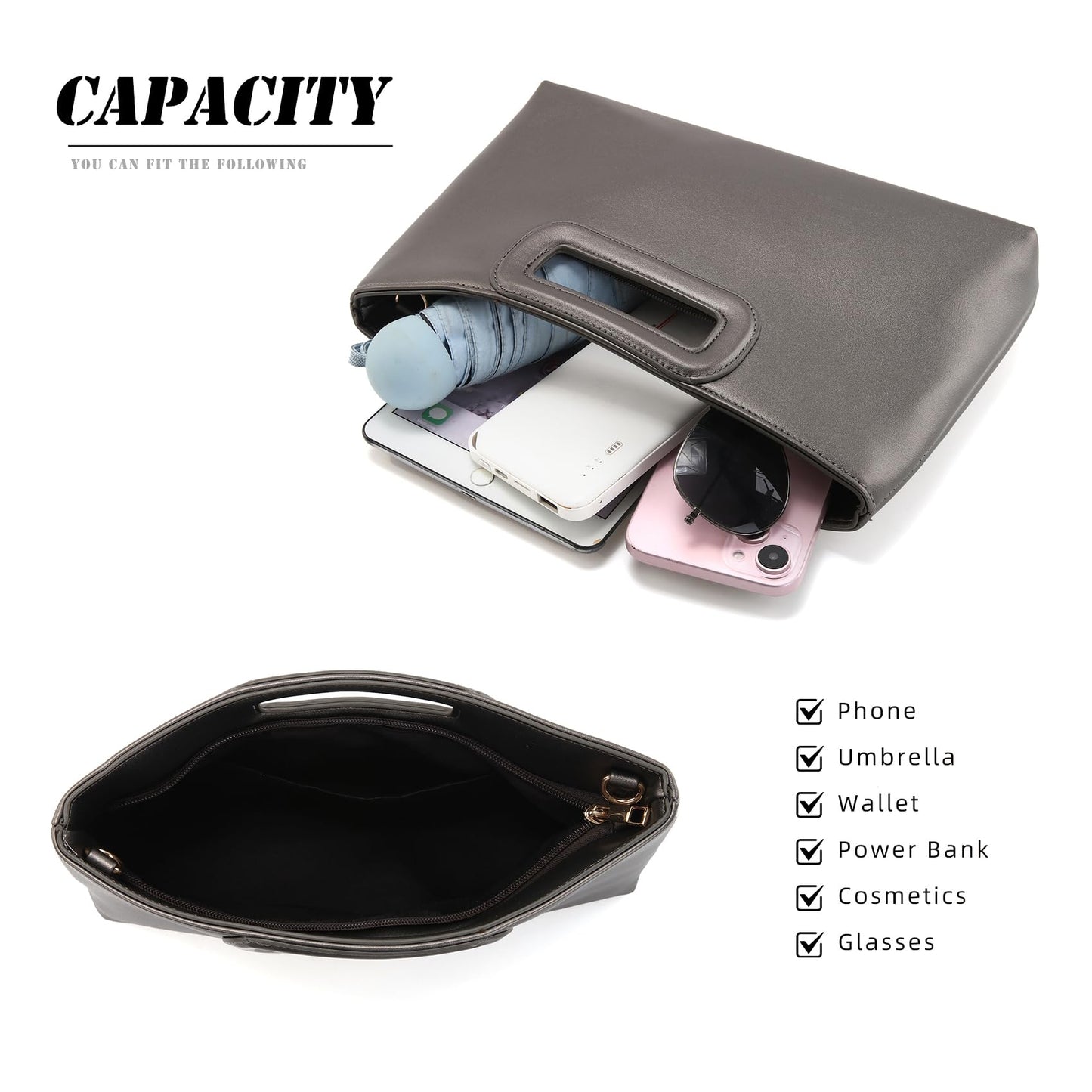 Soft PU Leather Clutch Purse for Women Top Handle Evening Handbags, Elegant Shoulder Crossbody Bag,Gray