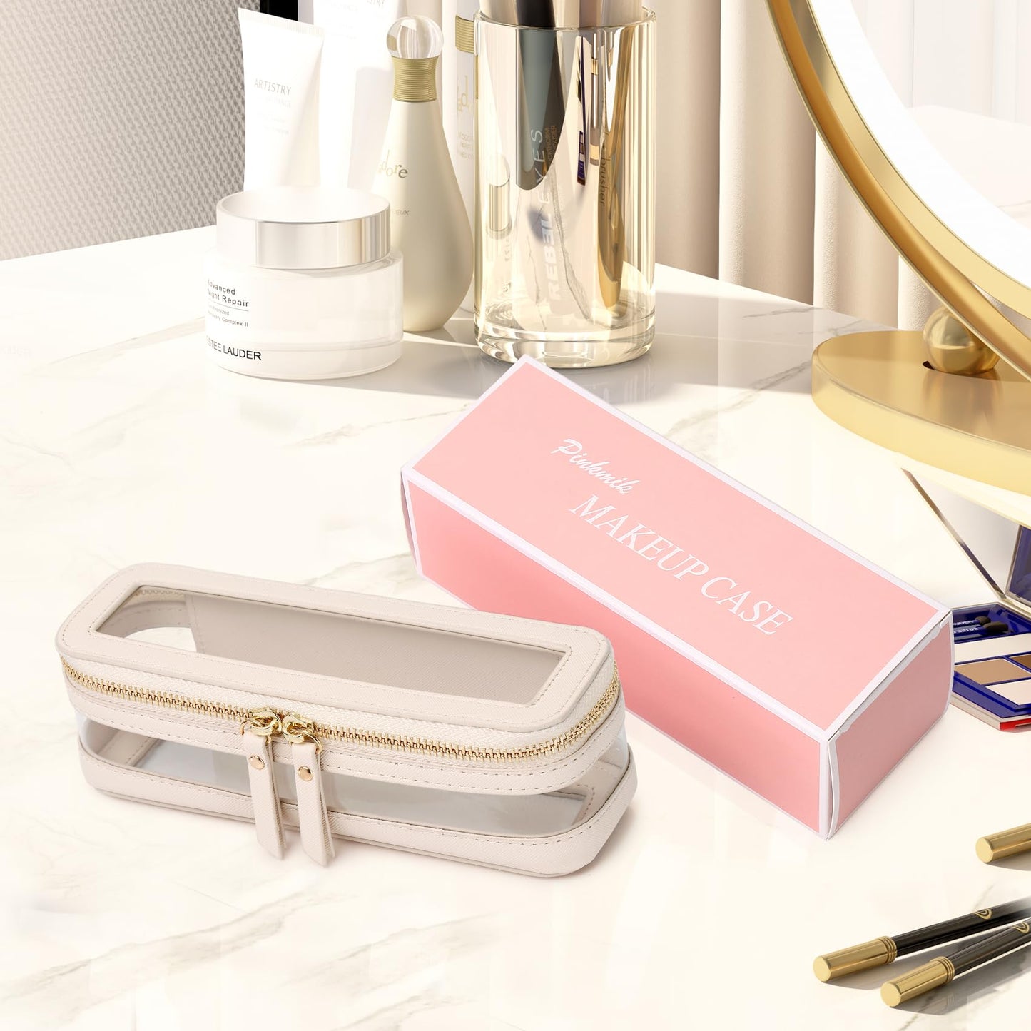 Pinkmik Makeup Brush Case Clear Travel Cosmetic & Toiletry Bag Slim Makeup Bag with Zipper Small Purse Organizer for Women Beige