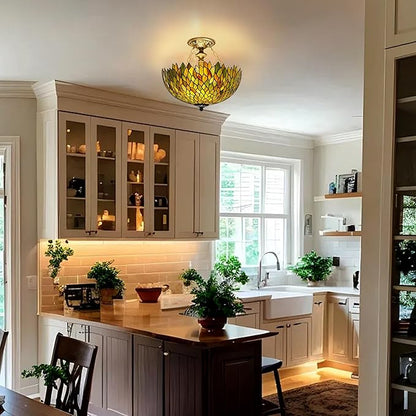 Tiffany Ceiling Light Fixture Green Wisteria Stained Glass Semi Flush Mount Lamp Wide 16 Inch Height 15 Inch Tiffany Ceiling Lamp