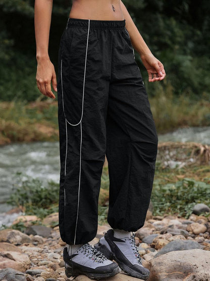 Yousify Womens Baggy Parachute Pants Wide Leg Elastic Waisted Contrast Track Pants Y2K Hiking Jogger Sweatpants with Pockets Black