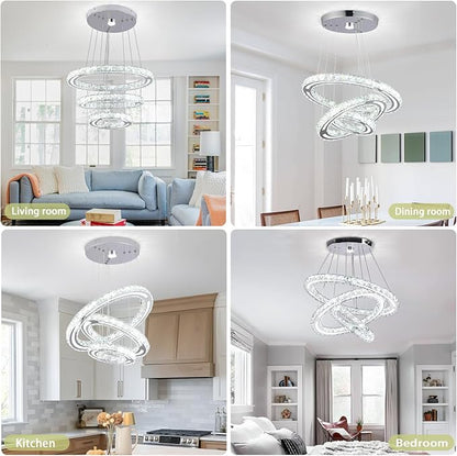 FRIXCHUR LED Chandeliers Crystal Chandelier Modern Ceiling Light Fixture 3 Ring Adjustable Pendant Light Chandelier for Bedrooms Living Room Dinning Room (Cool White)