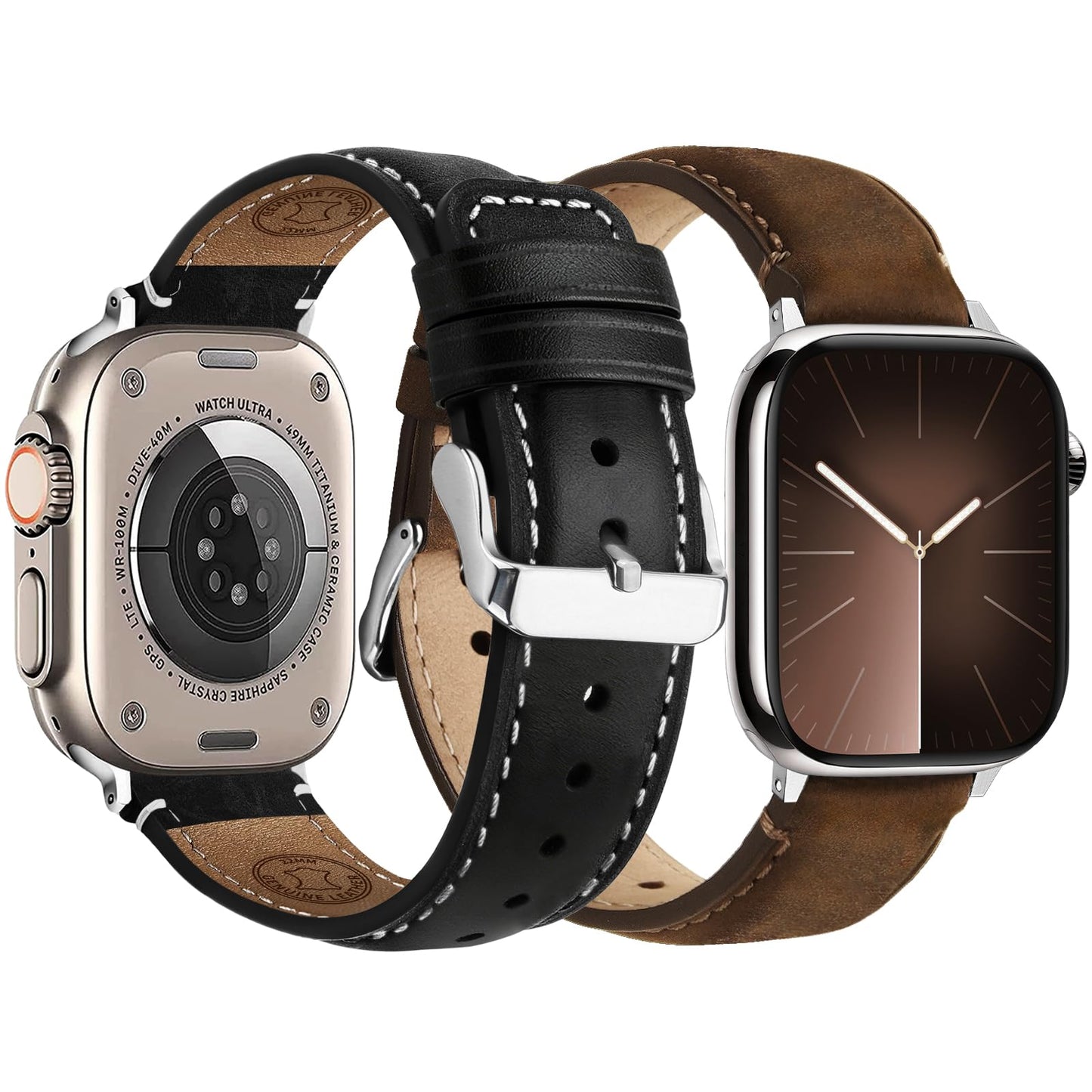 Fullmosa Leather Band Compatible with Apple Watch Bands 49mm 46mm 45mm 44mm 42mm,Top Grain Leather iWatch Straps for Apple Watch Ultra SE Series 11 10 9 8 7 6 5 4 3 2 1,Coffee+Silver/Black+Silver