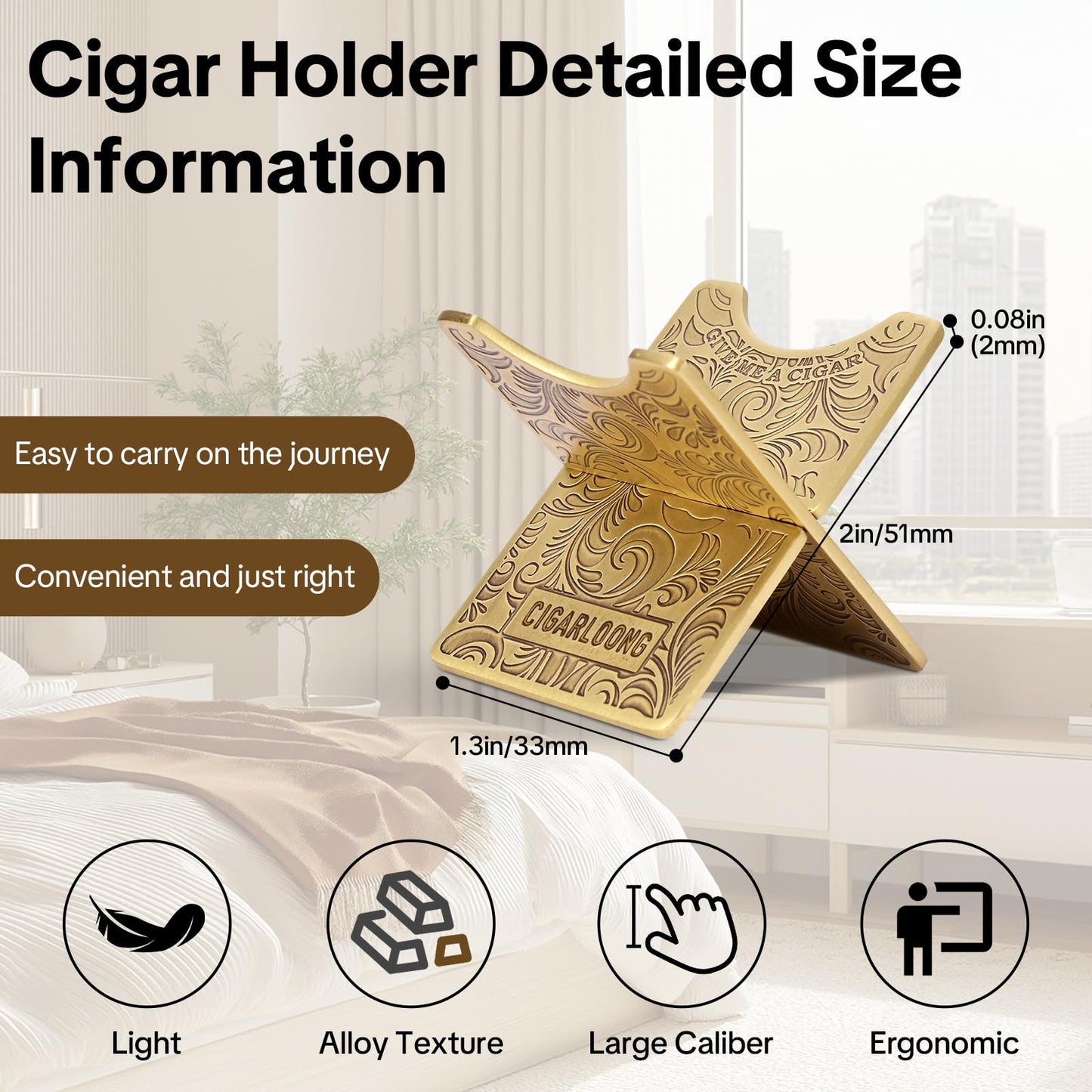 Cigar Stand Rest,Portable Detachable Cigar Stand Holder with PU Leather Case for Travel Outdoor Indoor,Gift for Men (Bright gold)