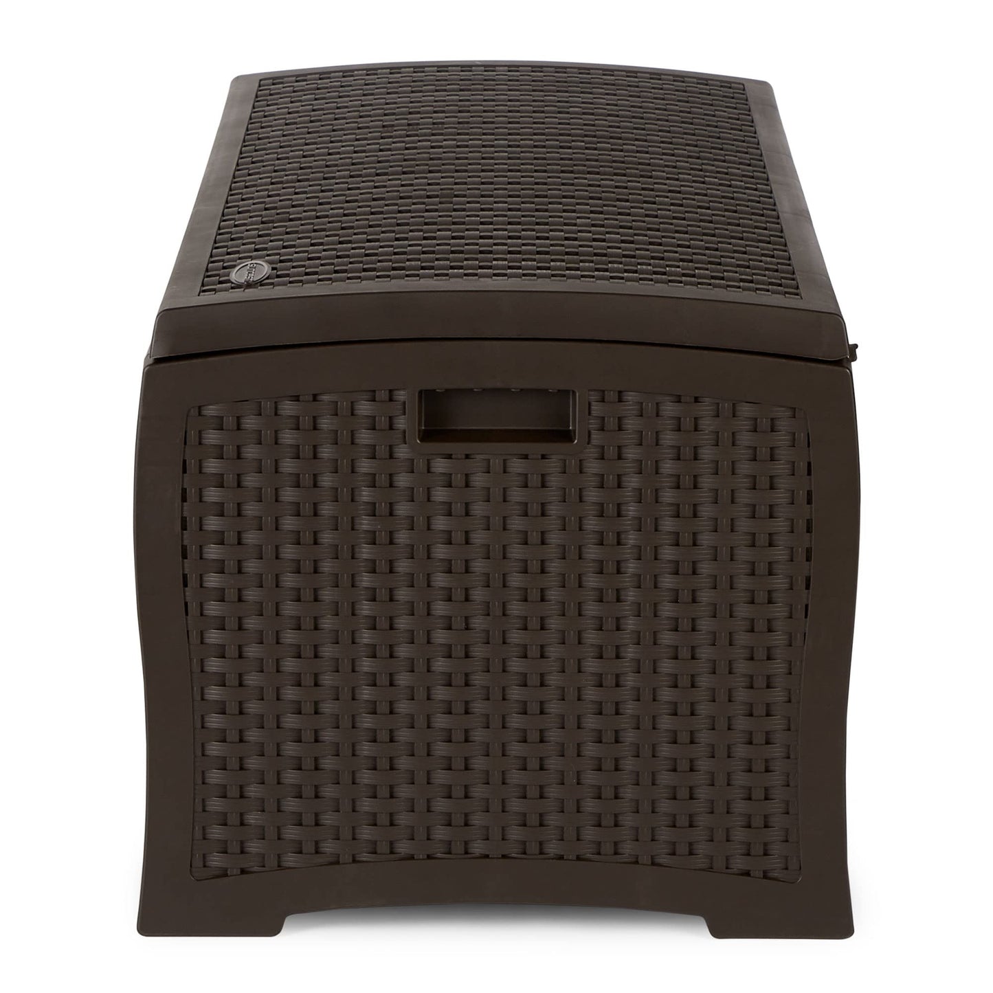 Suncast 73-Gallon Medium Deck Box - Lightweight Resin Indoor/Outdoor Storage Container and Seat for Patio Cushions and Gardening Tools - Store Items on Garage, Yard - Mocha Brown