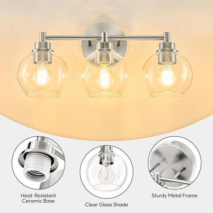 VONLUCE Bathroom Light Fixtures, 3-Light Vanity Light with Globe Glass Shades E26 Sockets, Bathroom Lights Over Mirror for Bedroom Hallway Living Room, Brushed Nickel Finish, ETL Certificated