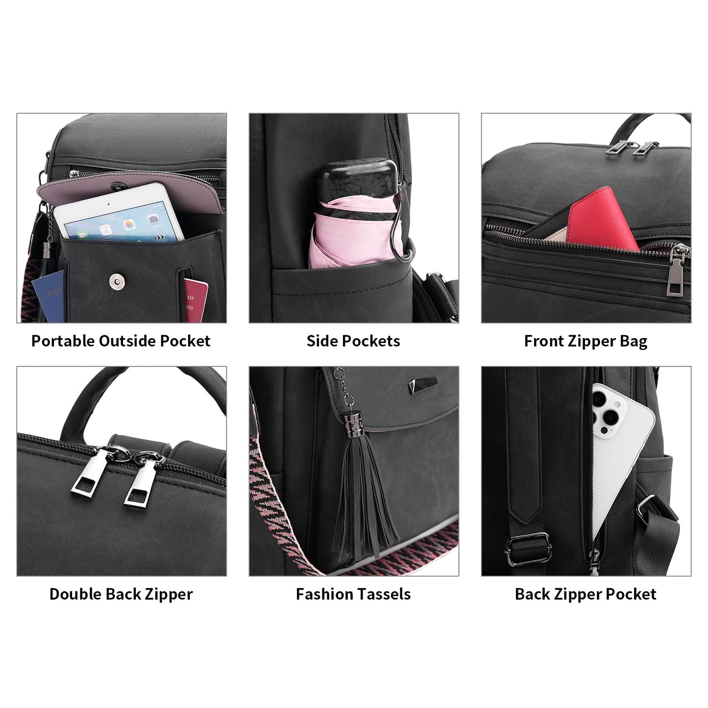 GAEKEAO Backpack Purse for Women Fashion Designer Ladies PU Leather Shoulder Bag Convertible Handbags for Travel Daily Use College Black