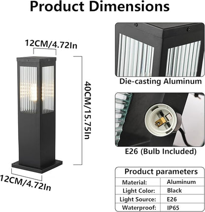 Outdoor Landscape Path Light Stainless Steel Waterproof Bollard Lighting Hardwired E26 Glass Post Pillar Lights Black Modern Lawn Lighting Outside House Pathway Lamp For Garden Patio Yard Street Light