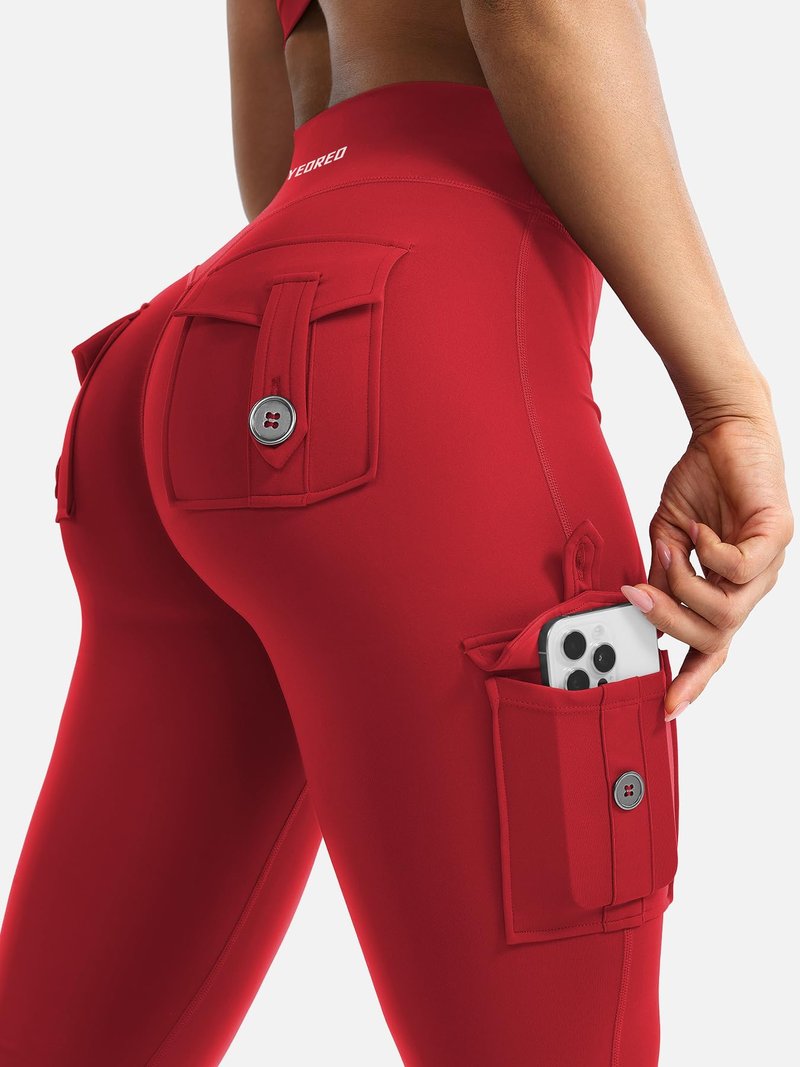 YEOREO CoreFlex Women Workout Flare Leggings with Pockets Scrunch Cargo Gym Yoga Leggings 28" Inseam Red M
