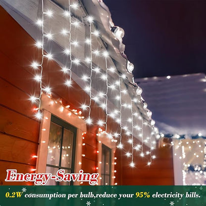 XURISEN 132ft Christmas Lights Decorations Outdoor, 1280 LED 8 Modes Fairy Lights with 240 Drops,Plug in Waterproof Timer Memory Function for Christmas Holiday Wedding Party Decorations(Cool White)