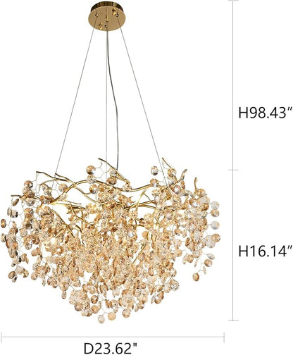 Crystal Gold Chandelier Modern Round Ceiling Pendant Light Fixture Tree Branch Chandeliers for Living Room Dining Room Kitchen Bedroom Hotel