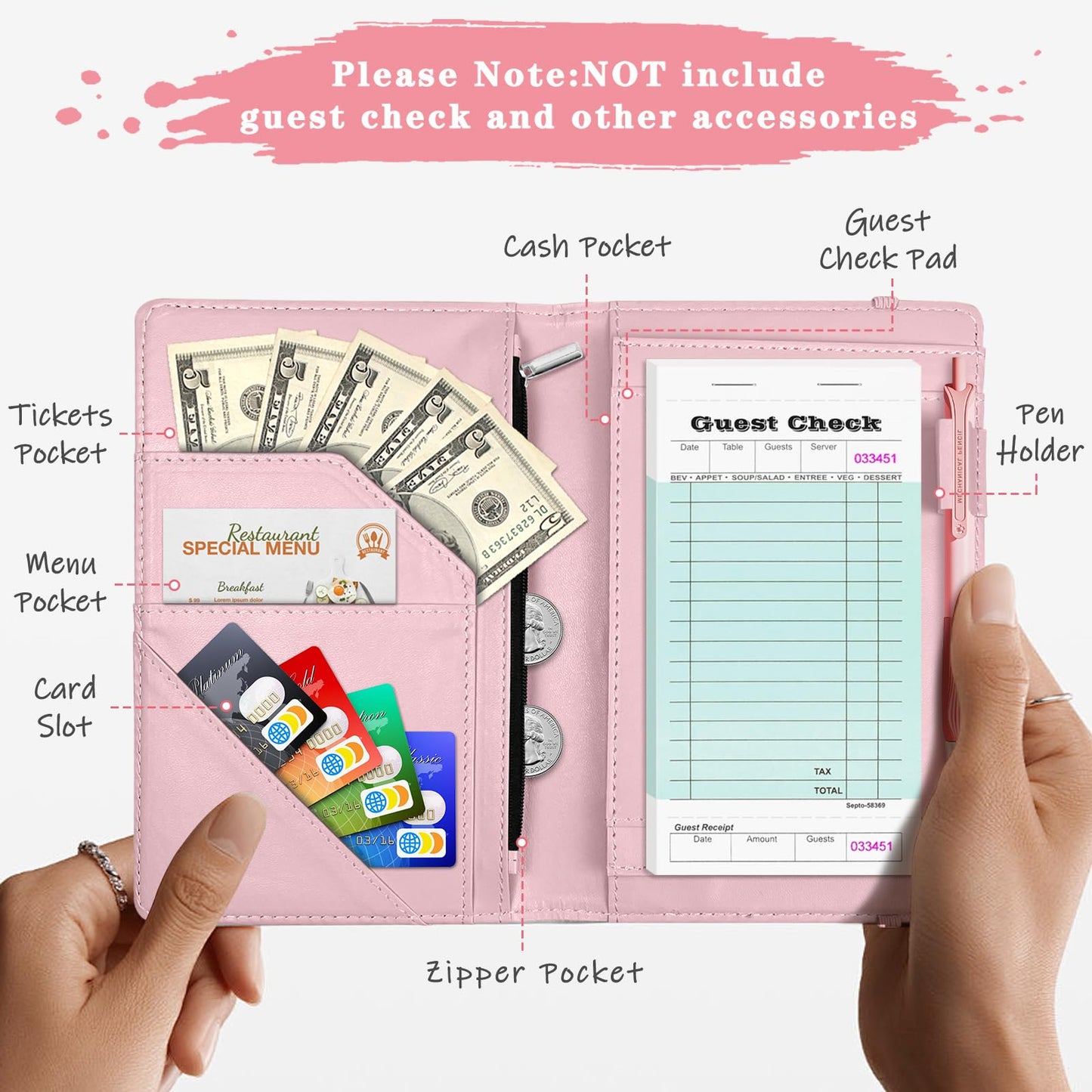 YeeCASE Pink Server Book, Fits Waitress Server Apron, Receipt Holder, Guest Book Perfectly,Waitress Server Accessories, Compact Organizer with Zipper Pocket (Hibiscus)