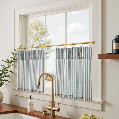 jinchan Striped Linen Kitchen Curtains with Attached Valance 24 Inch Length Cafe Tier Curtains for Living Room Rustic Half Window Light Filtering Rod Pocket Small Drapes 2 Panels Blue