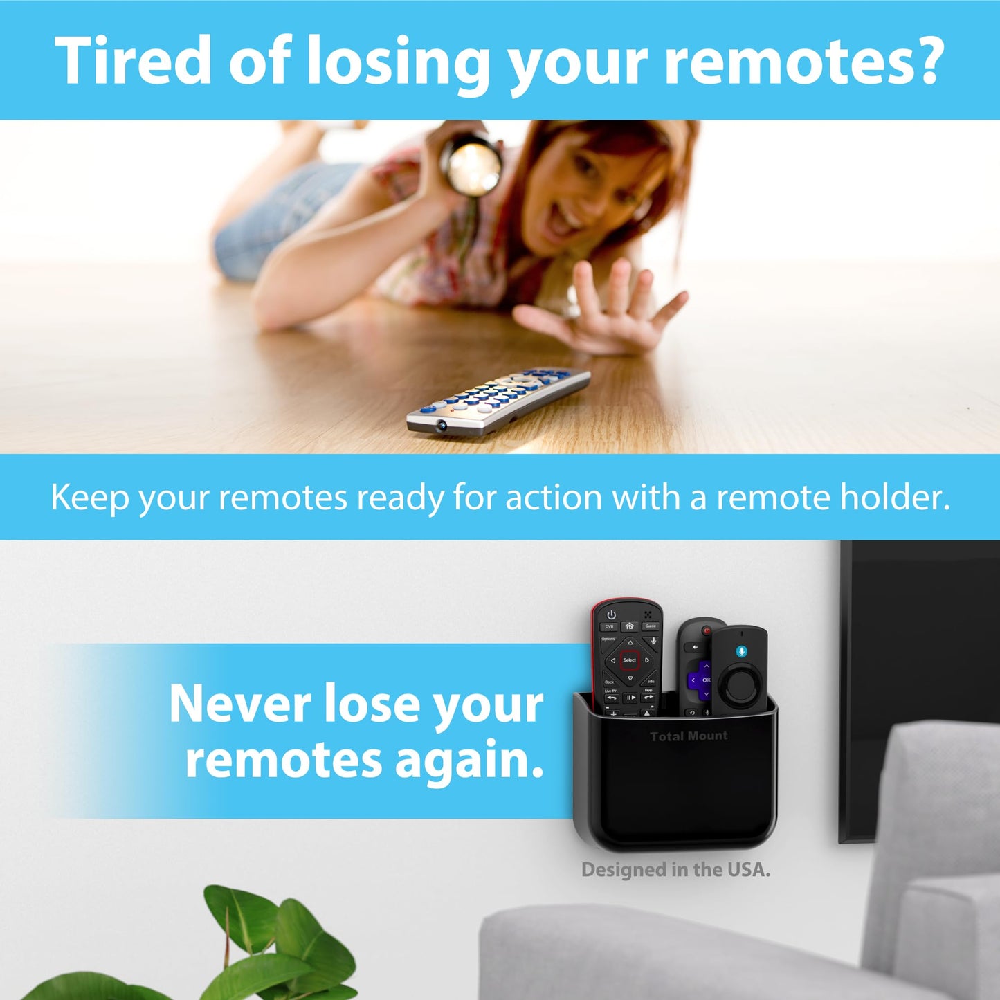 TotalMount Hole-Free Remote Holder – Eliminates Need to Drill Holes in Your Wall (for 2 or 3 Remote Controls – Black – Quantity 1)