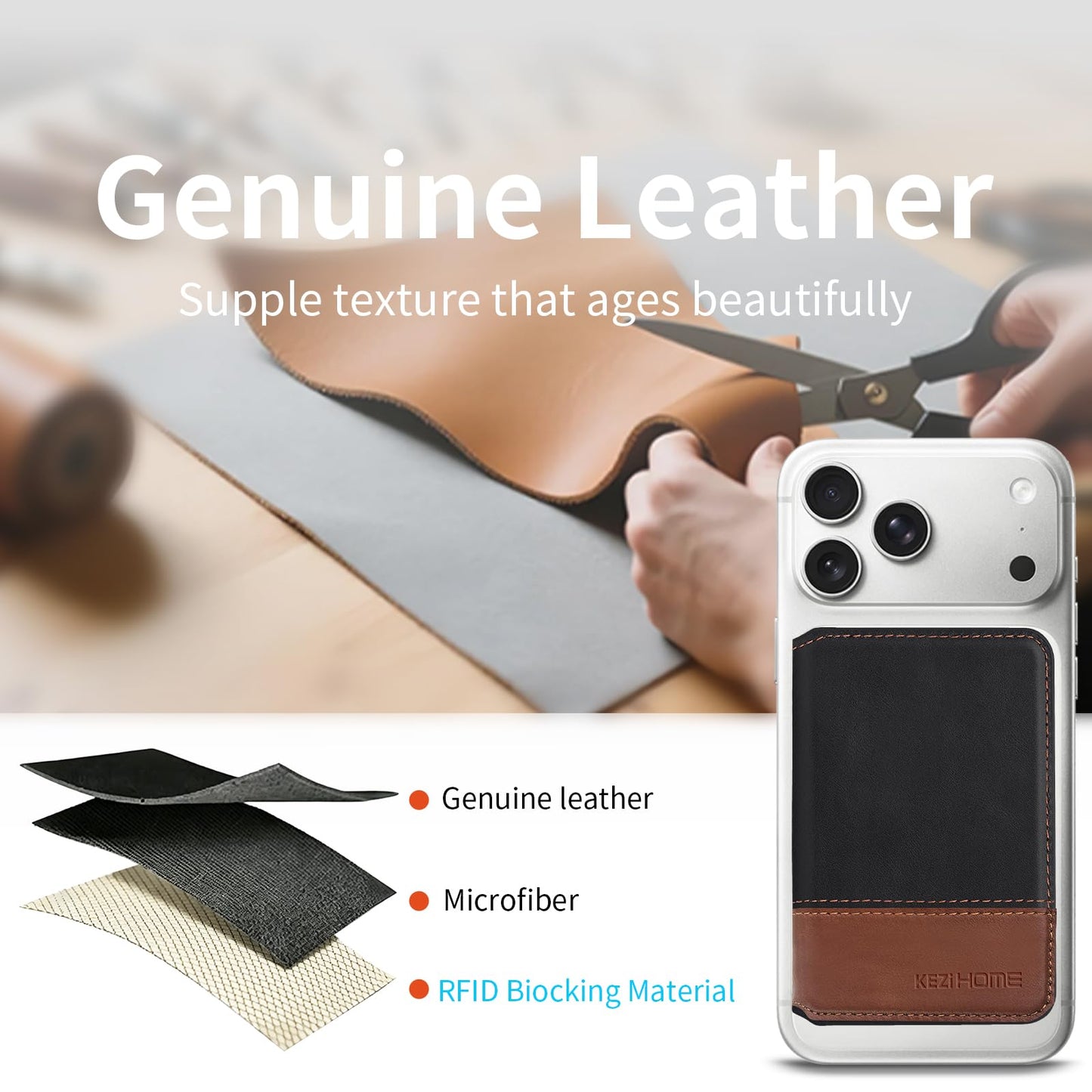 KEZiHOME for MagSafe Wallet with Stand, Genuine Leather 6 Card Holders[RFID Blocking] Minimalist Magnetic Wallet for iPhone 17/16/15/14/13/12 Series with MagSafe Phone Case (Black/Brown)