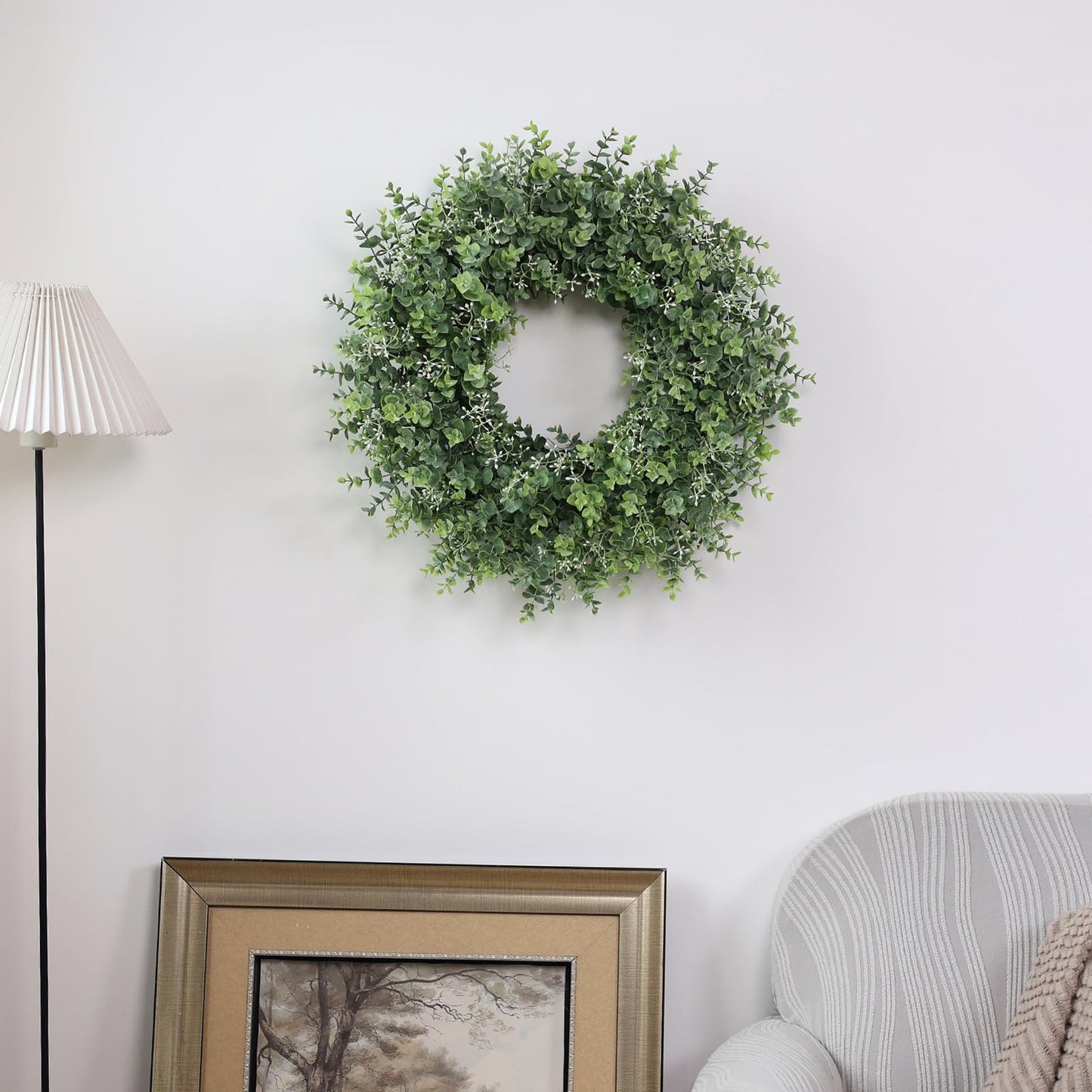 26'' Eucalyptus Wreath for Front Door - Large Artificial Eucalyptus Leaves with White Seeds Greenery Outdoor Wreath for Porch,Window,Farmhouse,Home,Hanging Decor- Spring, Summer, All Seasons (Green) ﻿