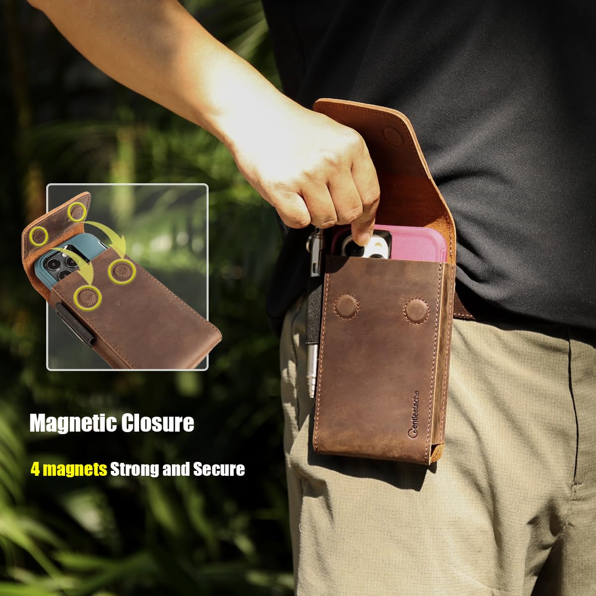 Gentlestache Leather Phone Holster for iPhone 16 Pro, 15 Pro, 14 Pro - Cell Phone Case for Galaxy S25, S24, S23 - Belt Clip Phone Pouch - Fits with Thick Case, Darkbrown-L