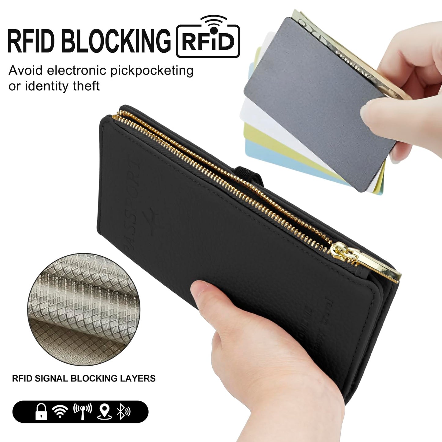 DOB SECHS Passport Holder for Travel Women Leather Passport Wallet RFID Blocking Passport Cover Case with Card Slots, Slim Travel Document Organizer Pouch Bag Zipper Cash Pocket Purse+ID Window, Black
