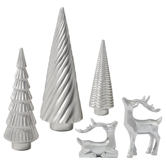 WDS WONDROUS Christmas Decor Trees and Reindeer Figurines Decoration- Sliver Set of 5 Christmas Tree Statues and Deer Decor Set, Resin Ornaments Tabletop Shelf Office Indoor