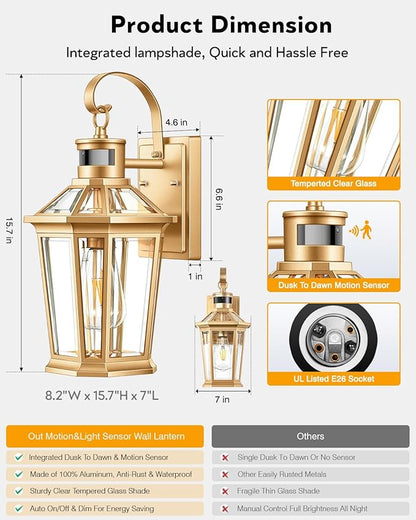 VIANIS Outdoor Wall Lights, Motion Sensor Exterior Light Fixtures Wall Mount, Waterproof Modern Gold Outside Front Porch Light, Anti-Rust Aluminum Outdoor Wall Sconce for House Garage