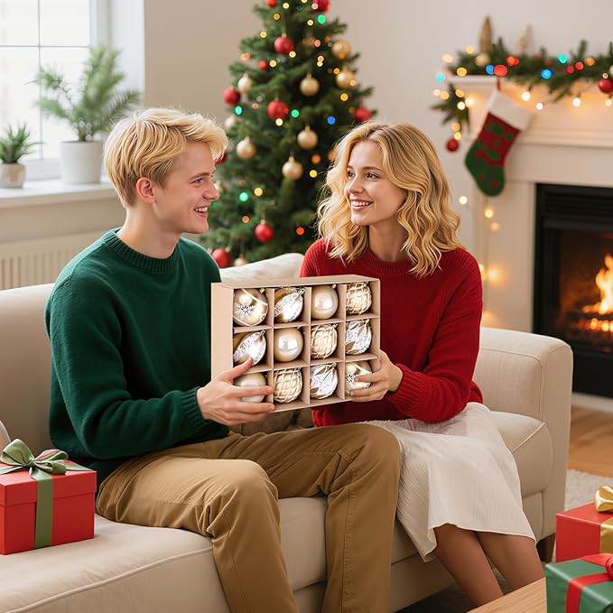EveryMerry 24-Pack 3.1 Inch Christmas Ornaments Set - Champagne White Ornament Balls with 5 Various Designs with Strings, Sturdy, Kraft Box with Lid for Xmas Tree, Holiday Party & Home Decor