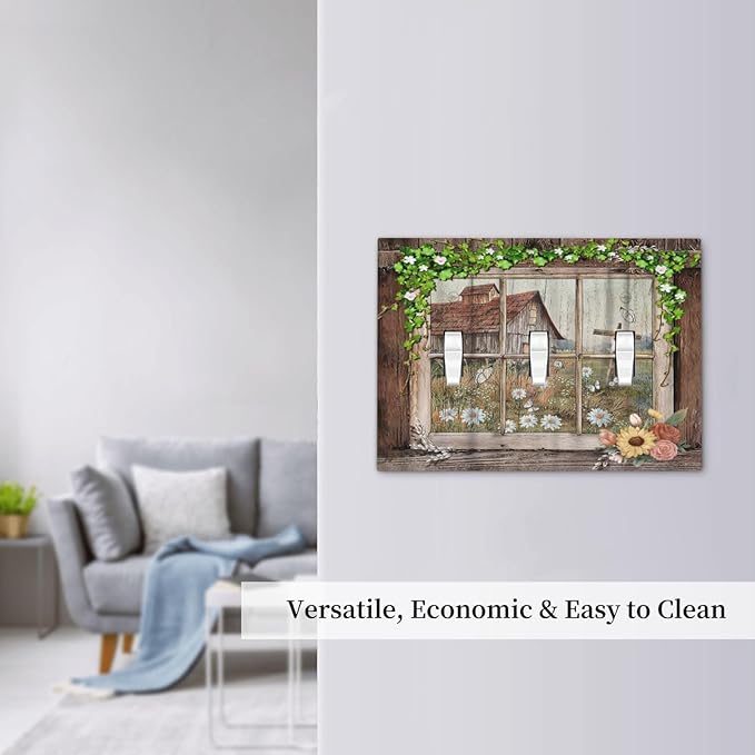 Farm Barn Farmhouse Rustic Country Flower 3 Gang Wall Plates Decorative Triple Toggle Light Switch Cover Electrical Switchplate Unused Decorate Faceplate for Bathroom Home