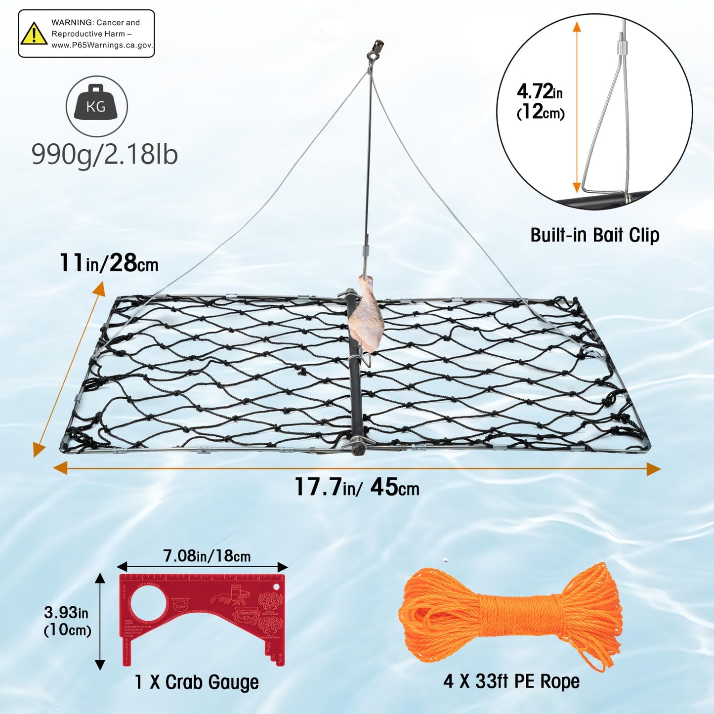 QualyQualy 4 Set Castable Crab Trap Kit, Foldable Crabbing Net with Rope & Bait Clip, Crab Snare/Pots/Traps for Blue Crabs, Dungeness, Crawfish Portable Crabbing Equipment