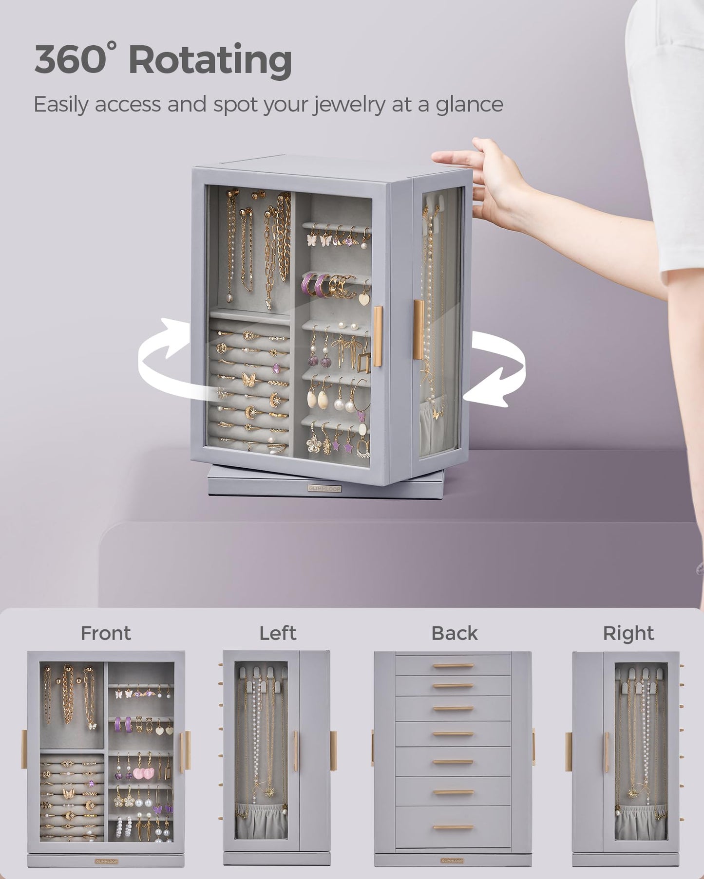 Glimmloop 360° Rotating Jewelry Box with 7 Drawers, Spacious Vertical Jewelry Organizer with Glass Window, Jewelry Storage Case, Dustproof & Moisture-resistant Design, Grey