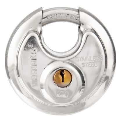 BRINKS – 70mm Heavy Duty Discus Padlock – Chrome Plated Security Lock for Storage Shed, Garage, Lockers, Toolboxes, Construction Site Storage and More