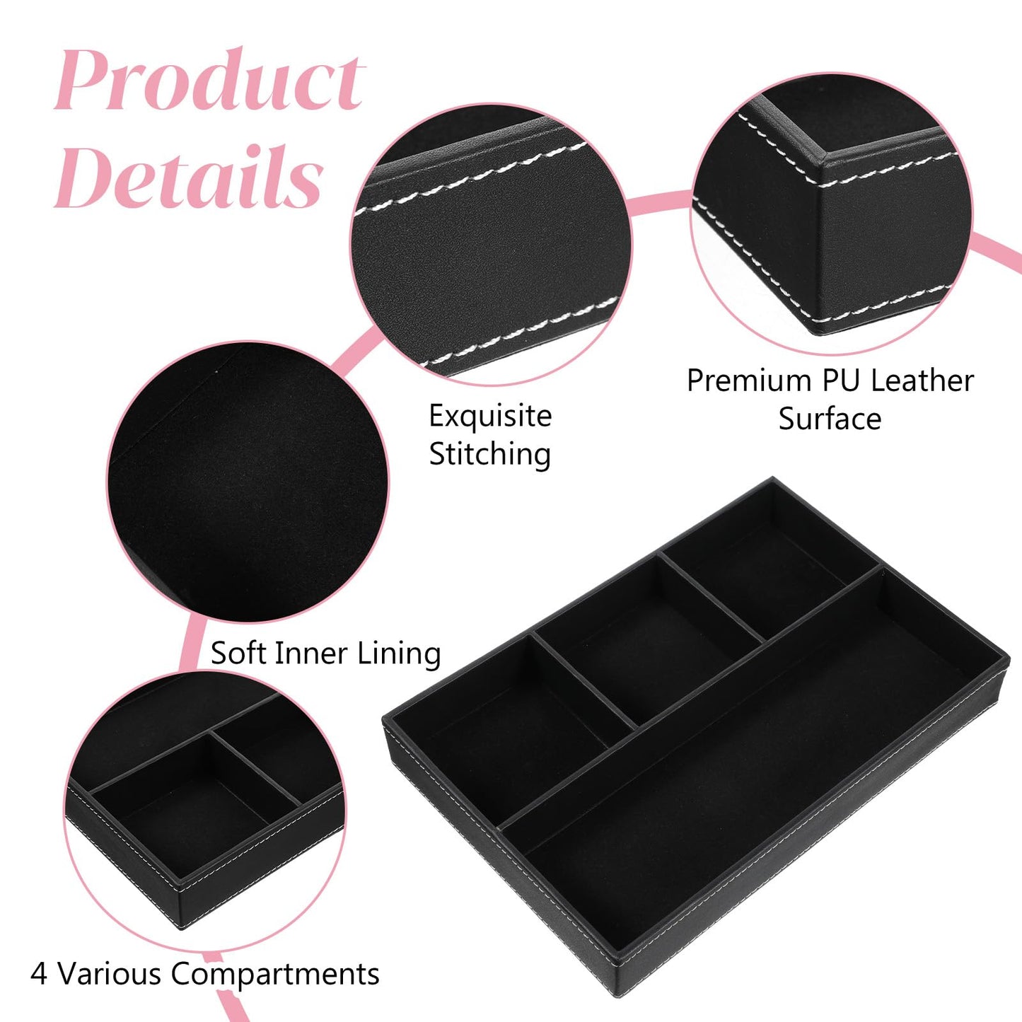 Giloaou 3 Pieces Faux Leather Valet Tray Set, Stackable Jewelry Organizer with Soft Lining, Dresser Storage Box for Nightstand, Key, Wallet, Watch, Phone, Sunglass, Coin, Black