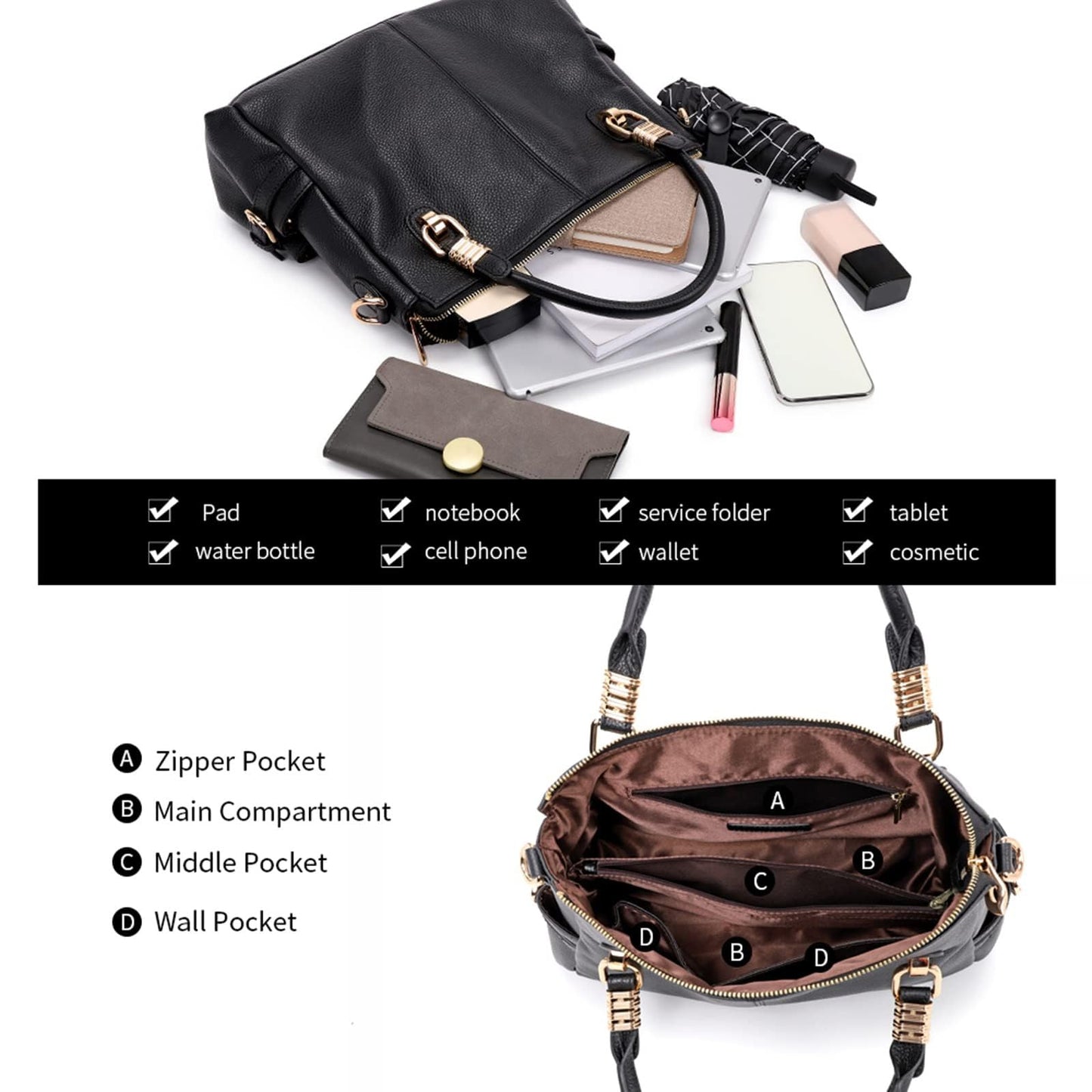 Kattee Soft Women Genuine Leather Purses and Handbags Satchel Tote Shoulder Bag (Black)