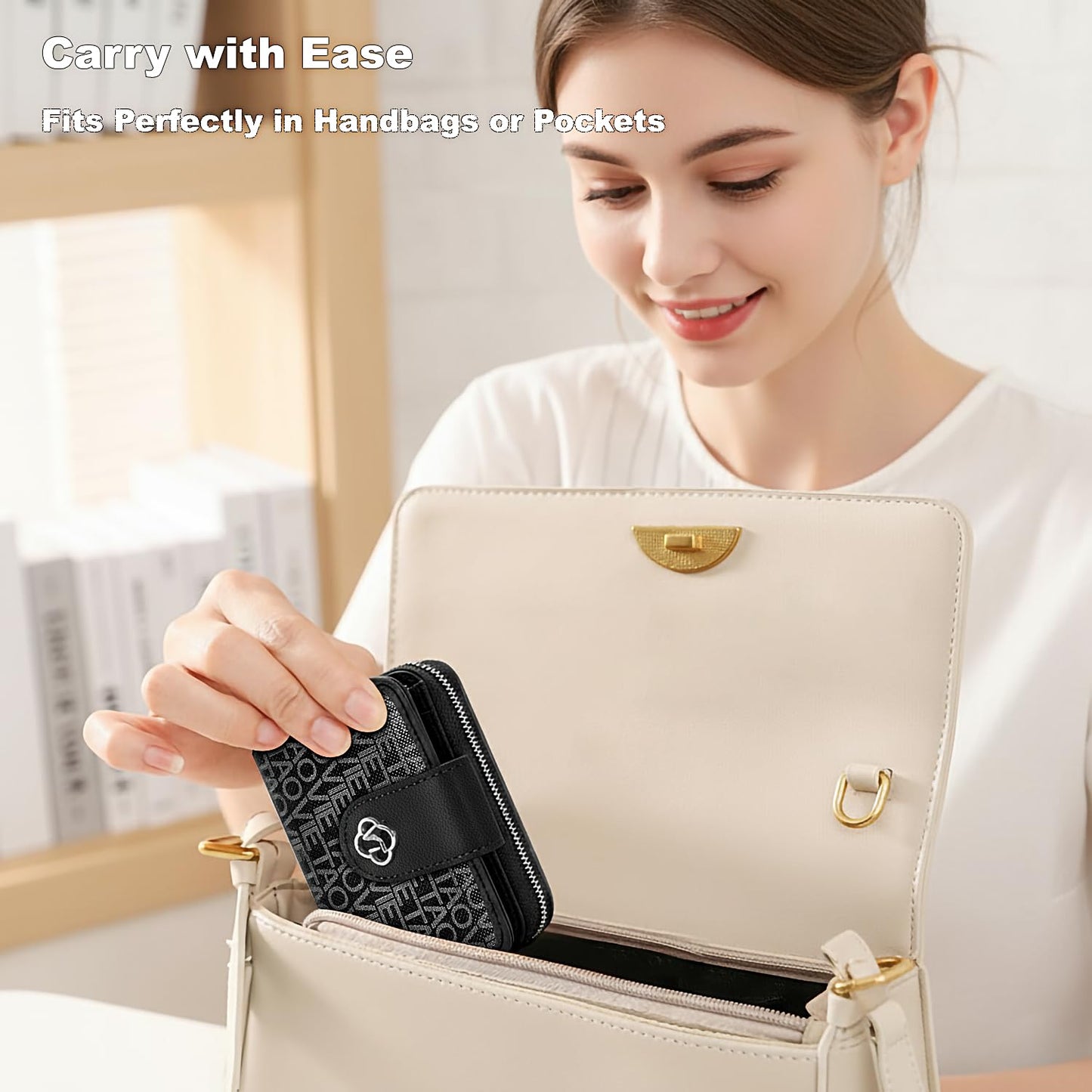 VelaStyle Credit Card Wallets for Women, Leather Cardholder with Zipper Around, Small Rfid Ladies Wallet, Accordion Compact Bifold Purse for Travel, 19 Card Slots, ID Window, Cash Organizer - Black