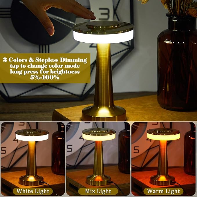 VIHOSE 12 Pcs Gold Cordless Table Lamps LED Portable Rechargeable Table Lamp with Touch Sensor 3 Color Dimming up to 15 Hours Battery Desk Light for Restaurant Nursery Living Room